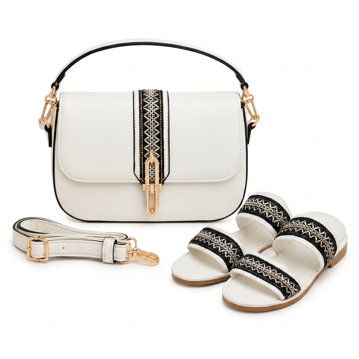 Pack Sac Bandoulière + Sandales Femme – Style Chic avec Détails Dorés