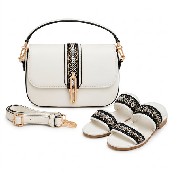 Pack Sac Bandoulière + Sandales Femme – Style Chic avec Détails Dorés
