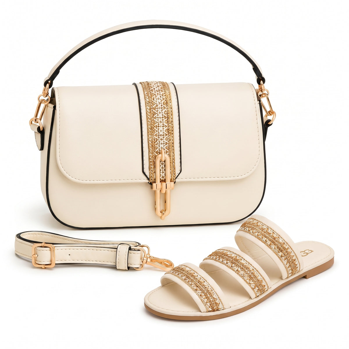 Pack Sac Bandoulière + Sandales Femme – Style Chic avec Détails Dorés