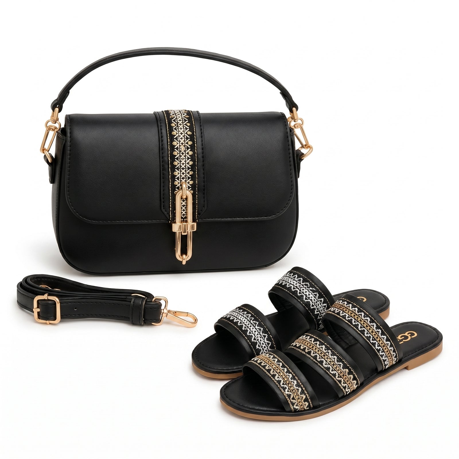 Pack Sac Bandoulière + Sandales Femme – Style Chic avec Détails Dorés