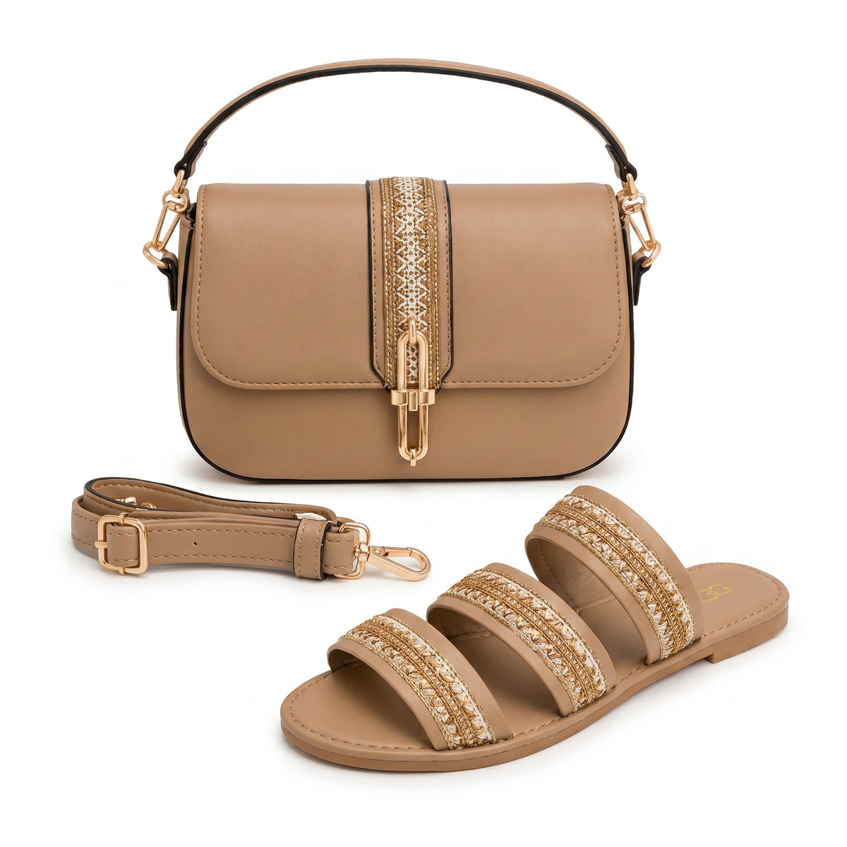 Pack Sac Bandoulière + Sandales Femme – Style Chic avec Détails Dorés