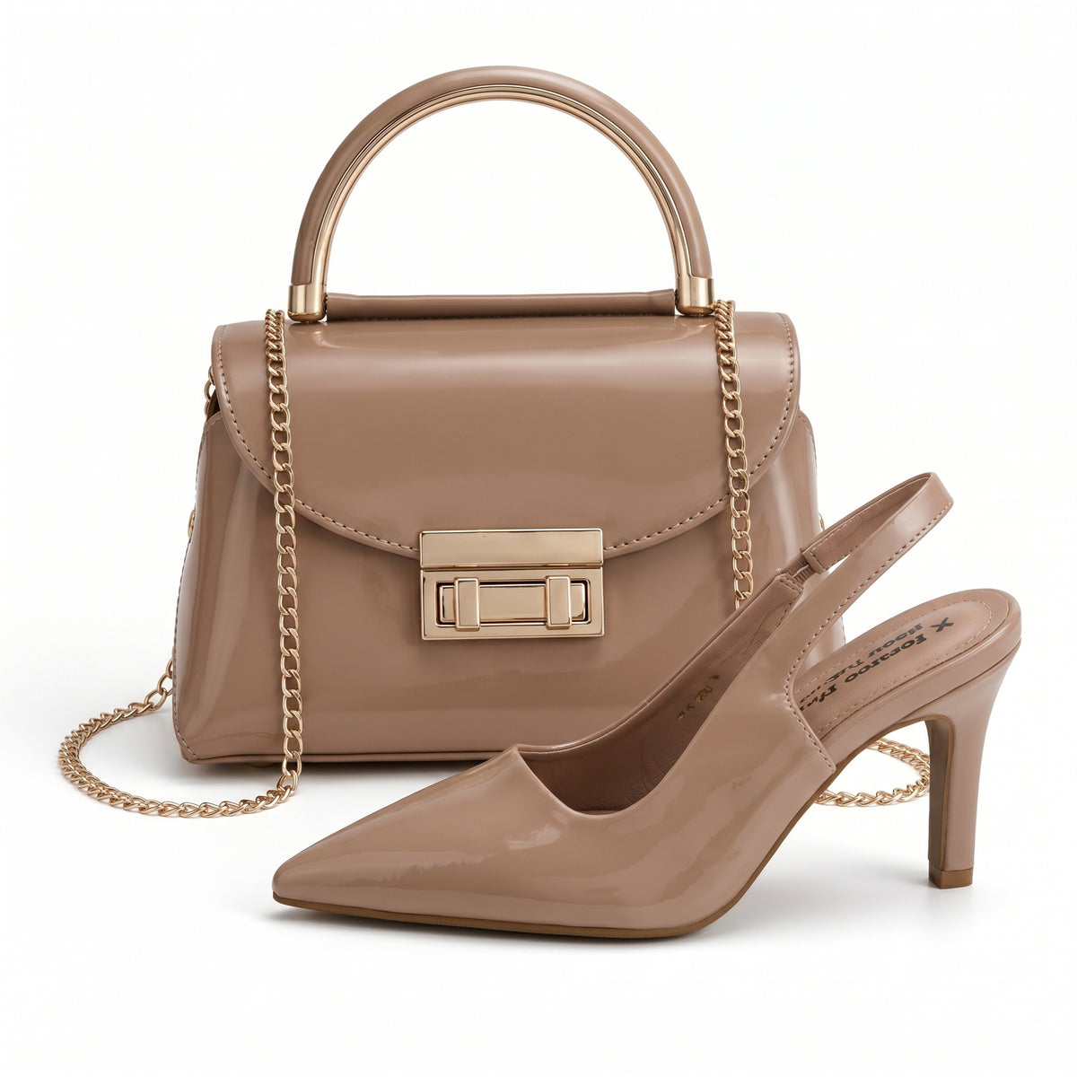 Pack Sac à Main Verni + Escarpins Femme – Style Chic avec Chaîne Dorée