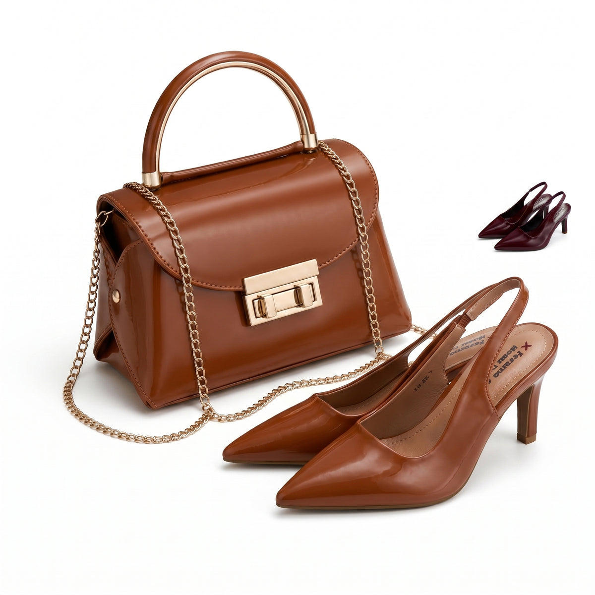 Pack Sac à Main Verni + Escarpins Femme – Style Chic avec Chaîne Dorée