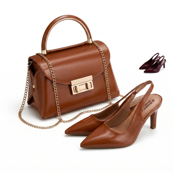 Pack Sac à Main Verni + Escarpins Femme – Style Chic avec Chaîne Dorée