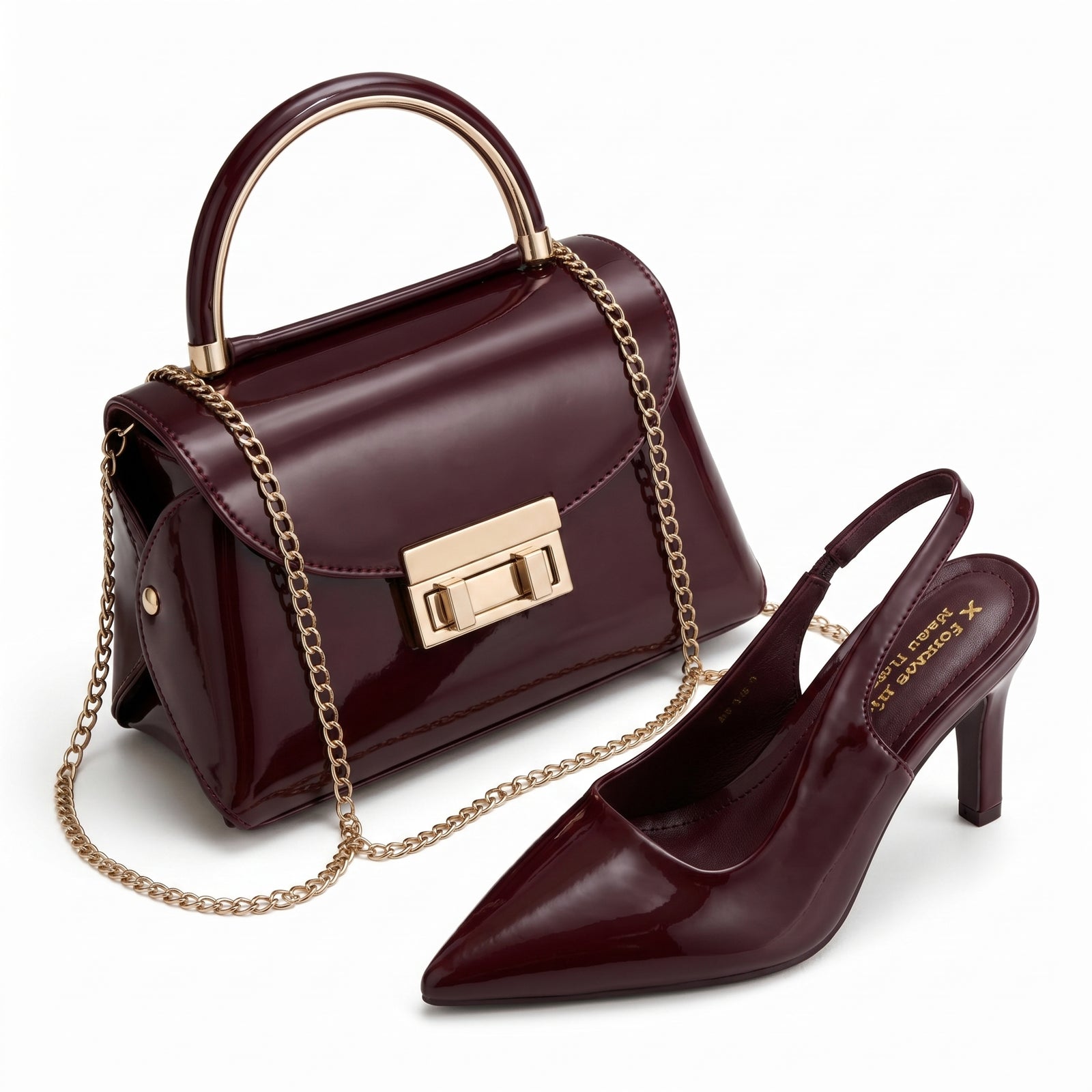 Pack Sac à Main Verni + Escarpins Femme – Style Chic avec Chaîne Dorée