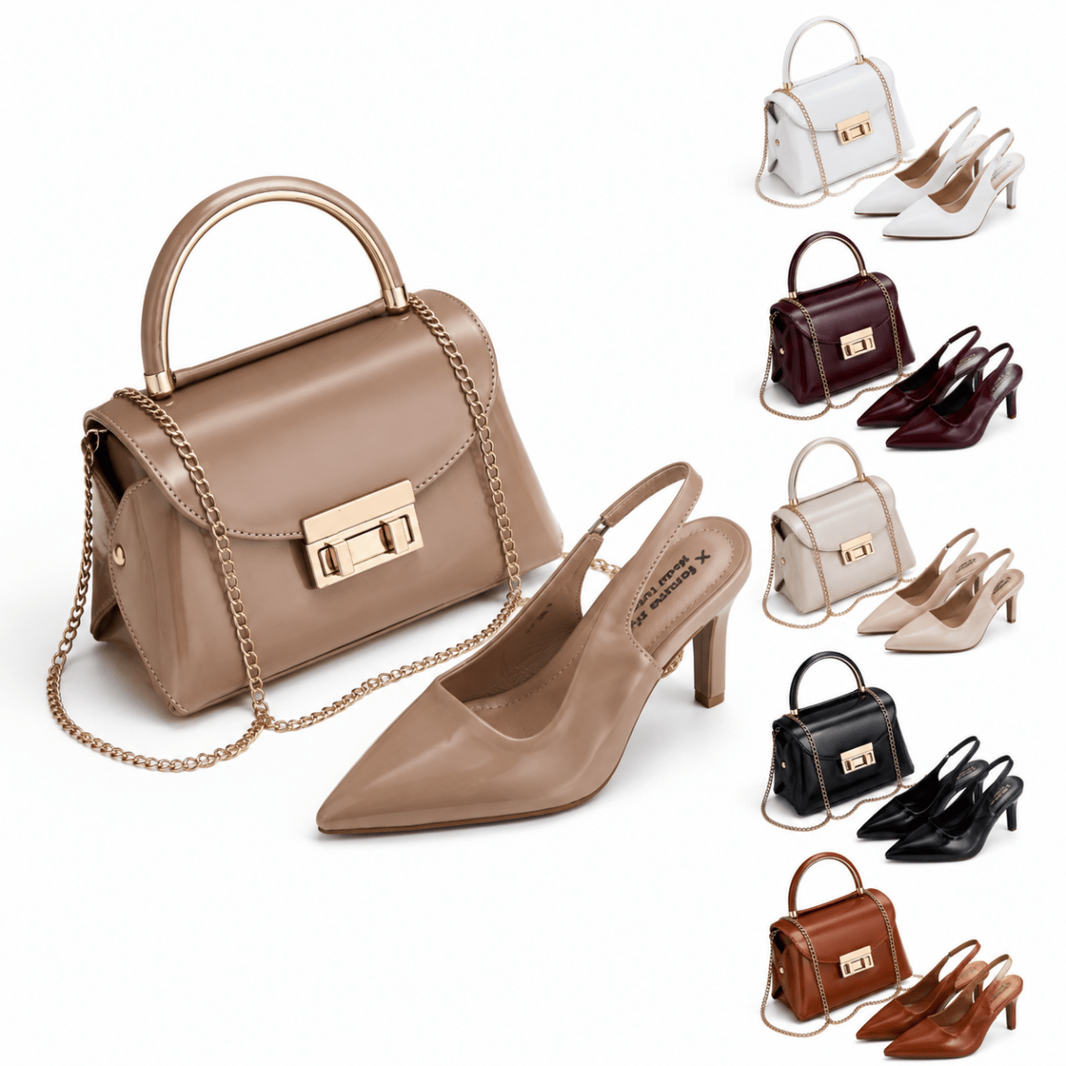 Pack Sac à Main Verni + Escarpins Femme – Style Chic avec Chaîne Dorée