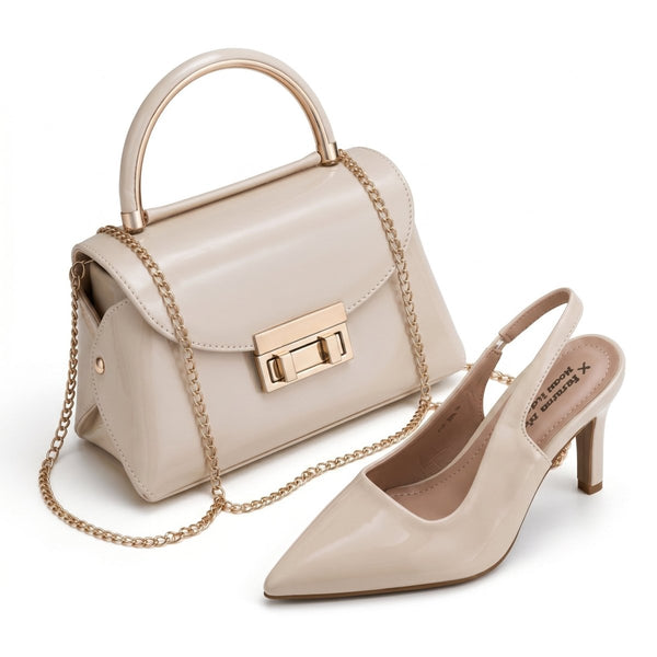 Pack Sac à Main Verni + Escarpins Femme – Style Chic avec Chaîne Dorée