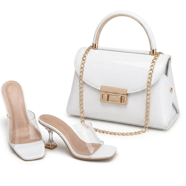 Pack Sac à Main Verni + Mules Transparentes – Style Chic avec Chaîne Dorée
