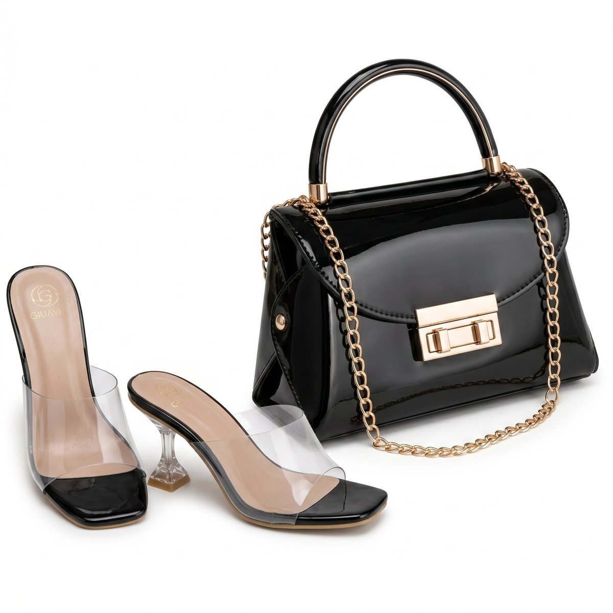 Pack Sac à Main Verni + Mules Transparentes – Style Chic avec Chaîne Dorée