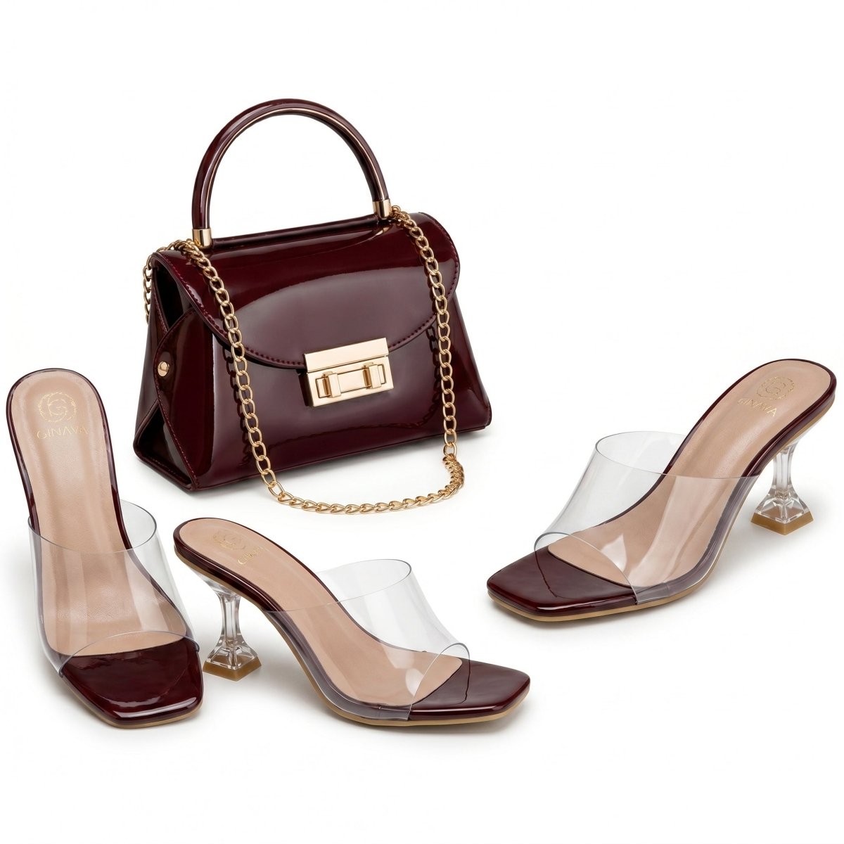Pack Sac à Main Verni + Mules Transparentes – Style Chic avec Chaîne Dorée