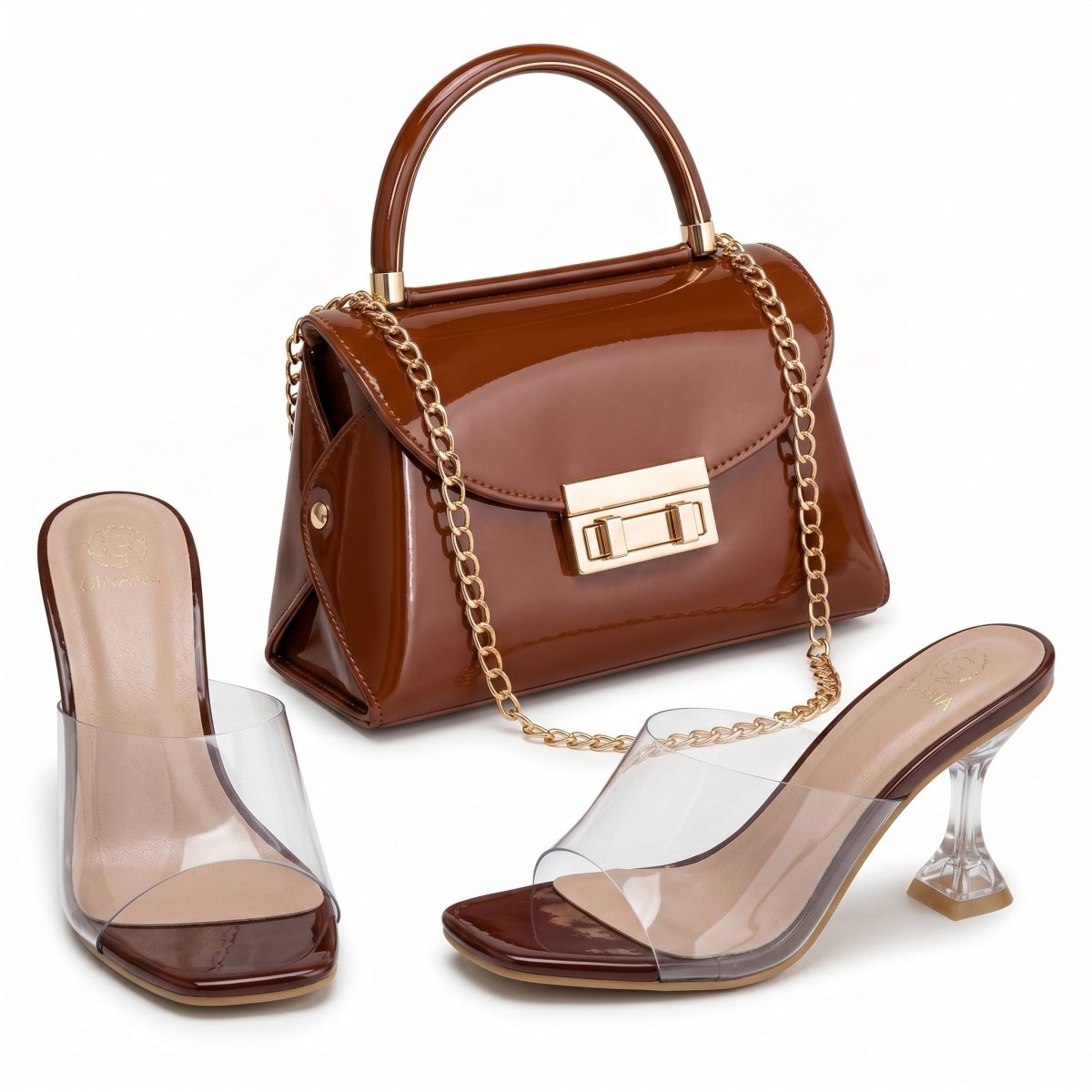 Pack Sac à Main Verni + Mules Transparentes – Style Chic avec Chaîne Dorée