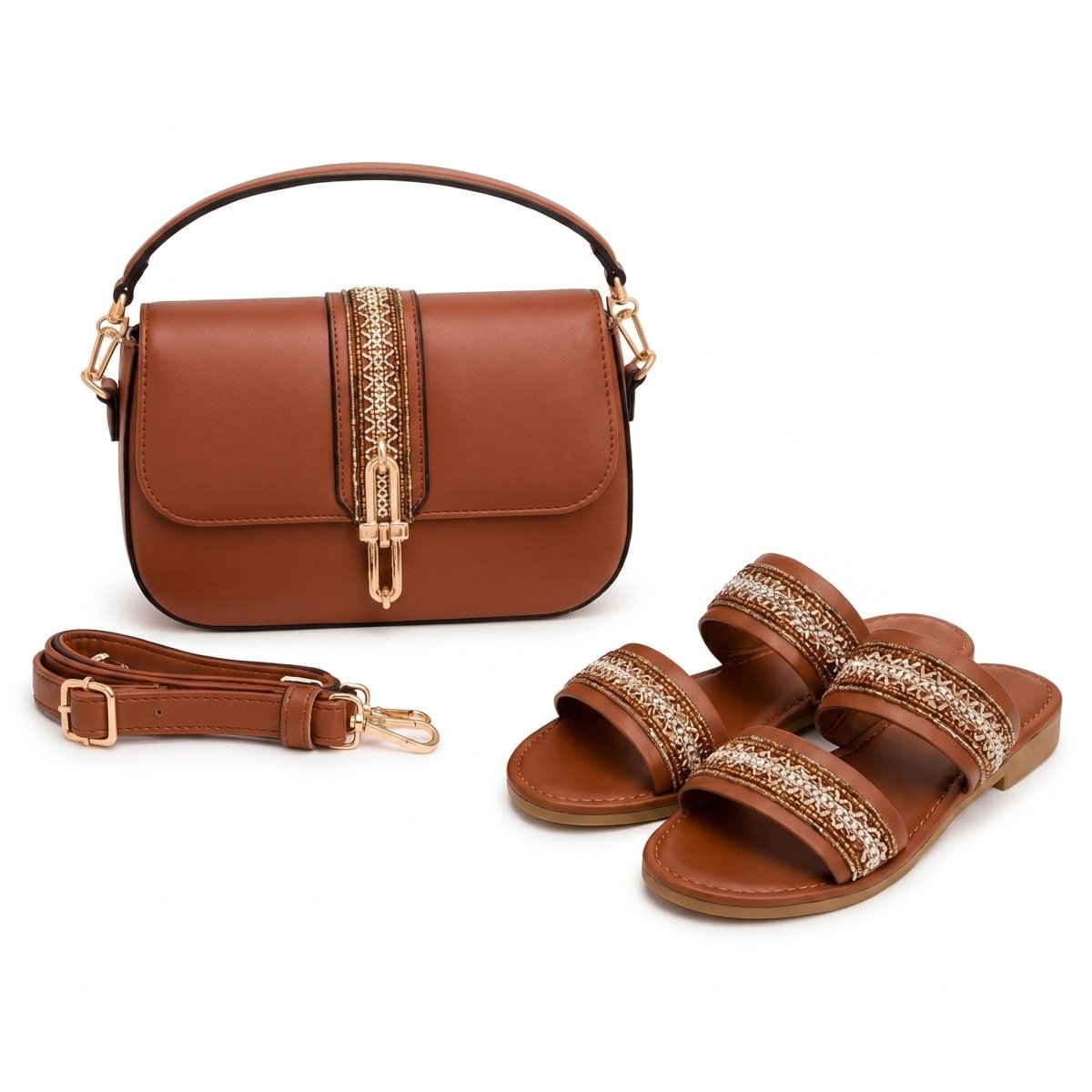 Pack Sac Bandoulière + Sandales Femme – Style Chic avec Détails Dorés