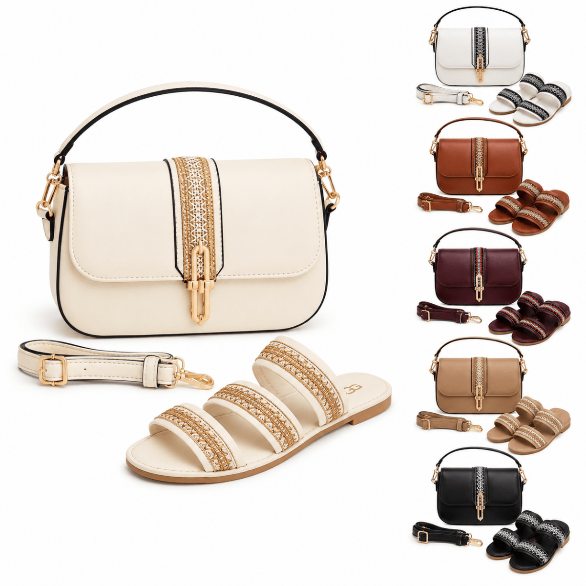 Pack Sac Bandoulière + Sandales Femme – Style Chic avec Détails Dorés