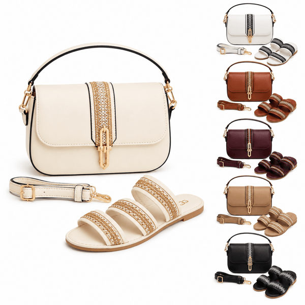 Pack Sac Bandoulière + Sandales Femme – Style Chic avec Détails Dorés